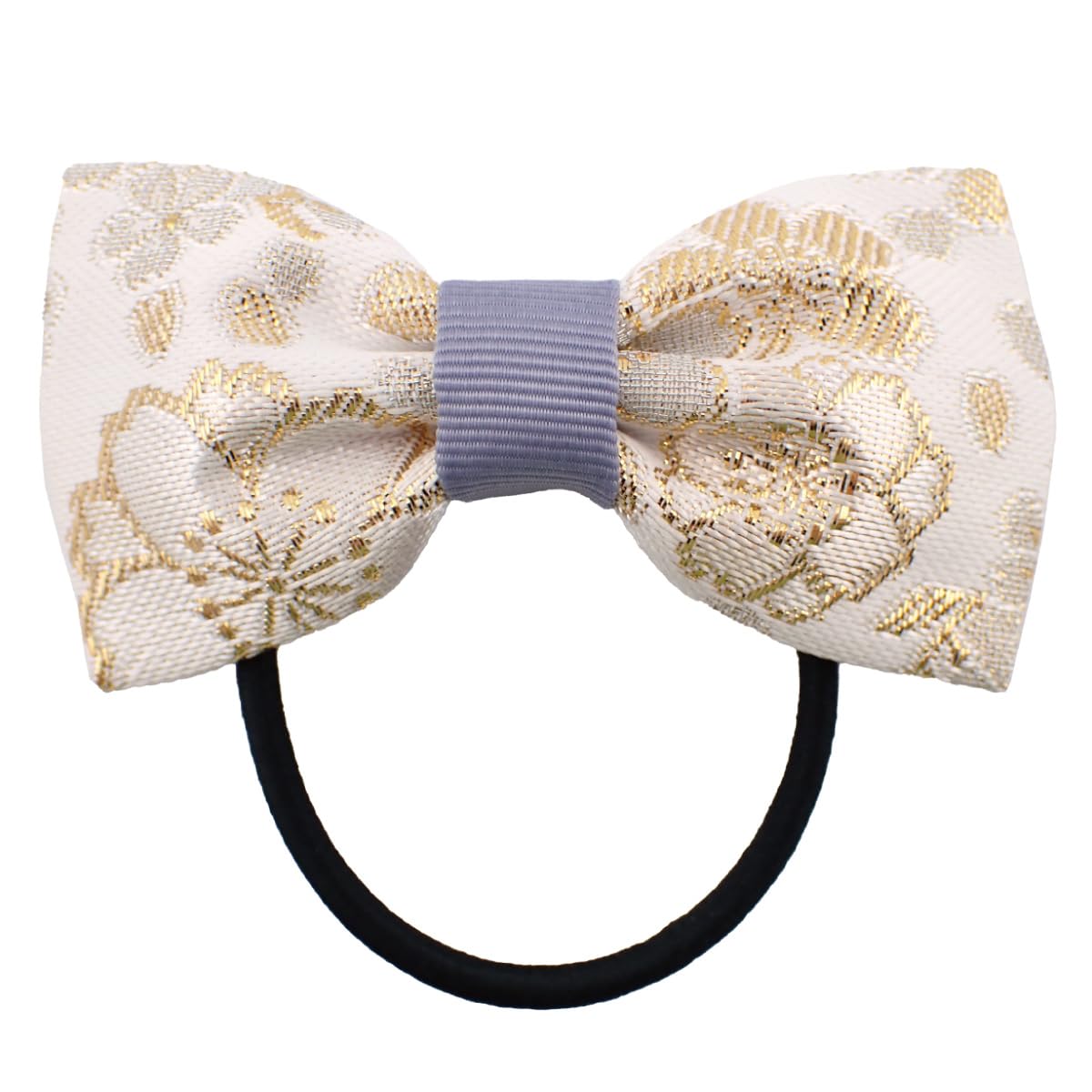 Nishijin-Ori Bow Hair Tie for Women, Made in Japan Kyoto Gold Brocade Floral Two-Tone Elastic Hair Band