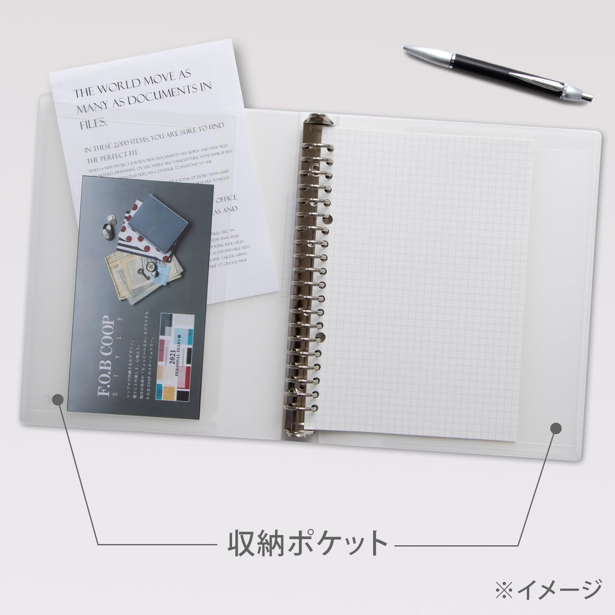 Kyokuto F.O.B COOP Loose-Leaf Binder, Metal Rings Holding About 140 Leaves, Pockets in Both Covers, A5 20-Hole, B5 26-Hole or A4 30-Hole, Clear, White, Grey or Black
