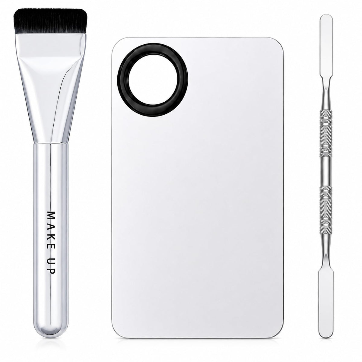 Miyabibelle Flat Foundation Brush Set with Ring Mixing Palette and Metal Spatula, 3-Piece Liquid Foundation and Concealer Blending Kit