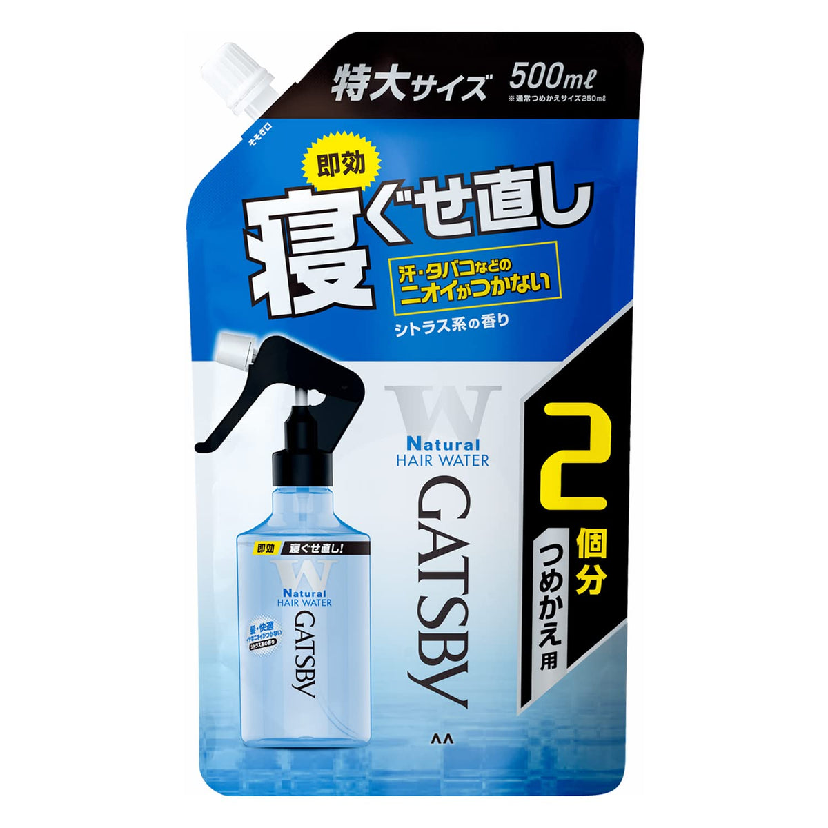 GATSBY Bed-Hair Water N Refill 500 mL, Quick-Drying Hair Water That Fixes Stubborn Bed Hair, Citrus Scent (Refill Pouch, Bottle Not Included)