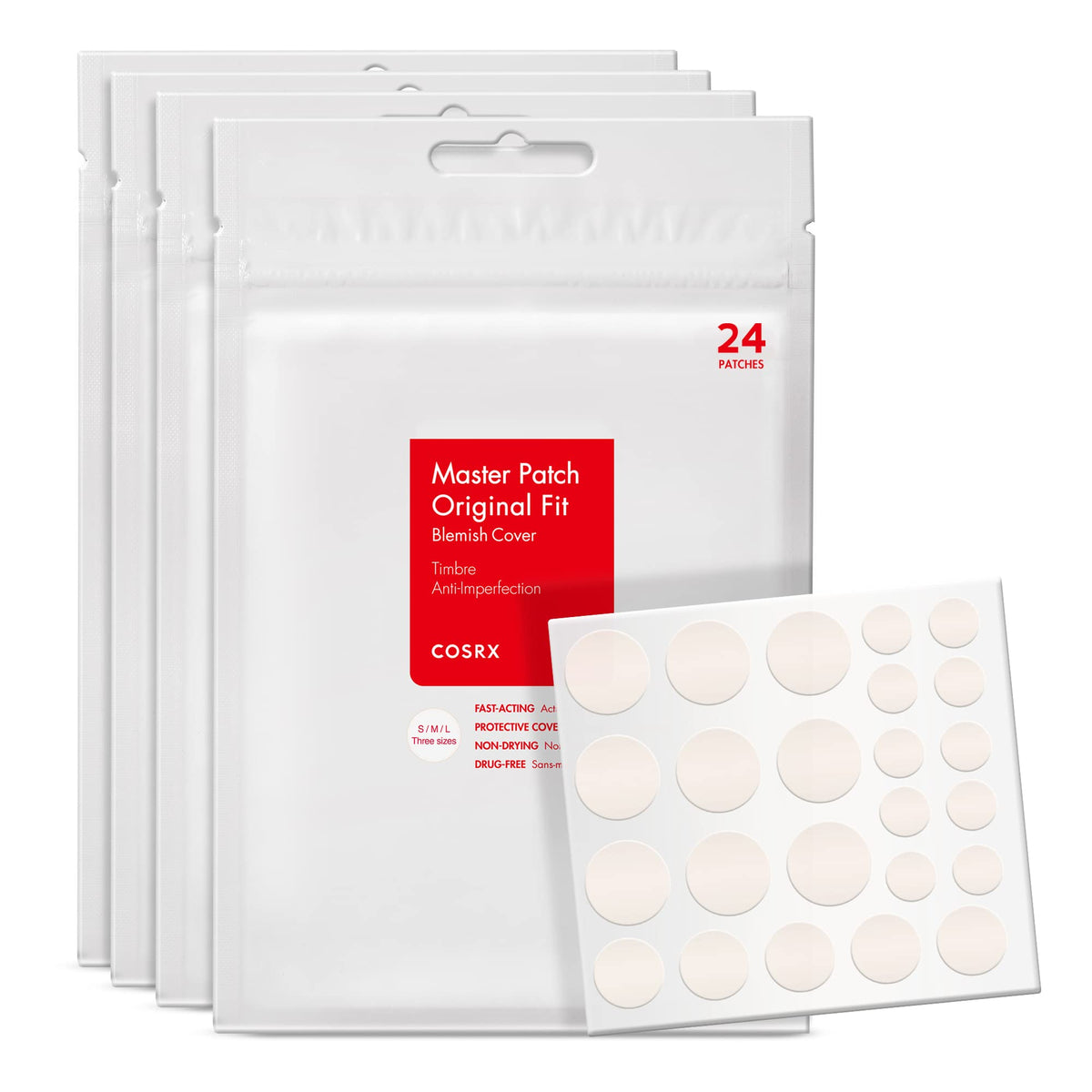 COSRX Master Patch Original Fit, Hydrocolloid Blemish Patches in 3 Sizes, 4 Sheets of 24 Patches