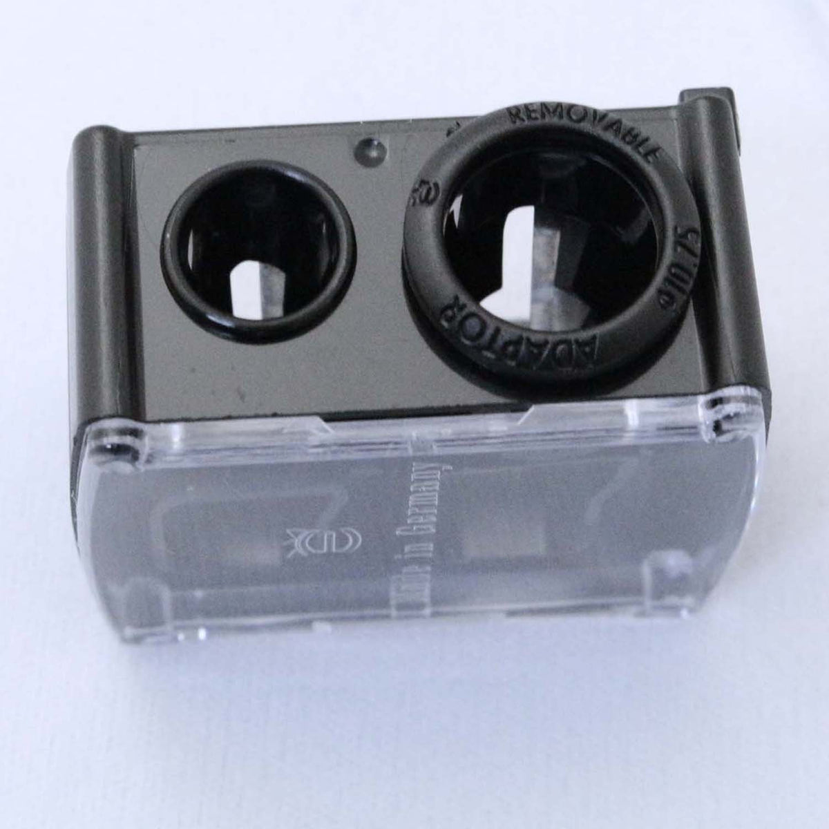 Shishida Seishindo B-500 Two-Hole Cosmetic Pencil Sharpener, Black Compact Sharpener with Clear Cover and Removable Adaptor Ring