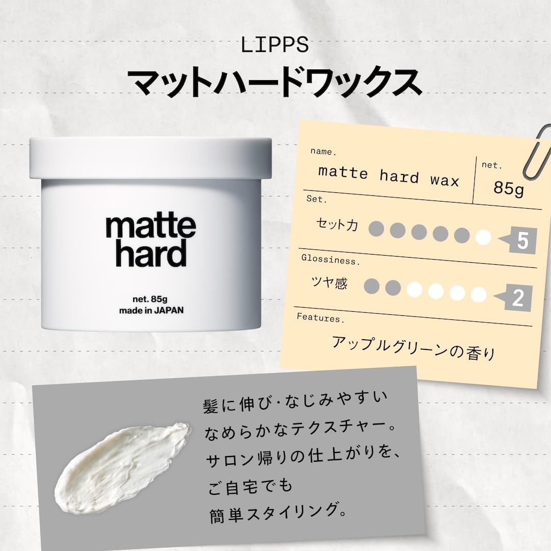 LIPPS Matte Hard Hair Wax 85 g, Semi-Matte Strong Hold Styling Wax with Green Apple Scent, Washes Out Easily, Made in Japan