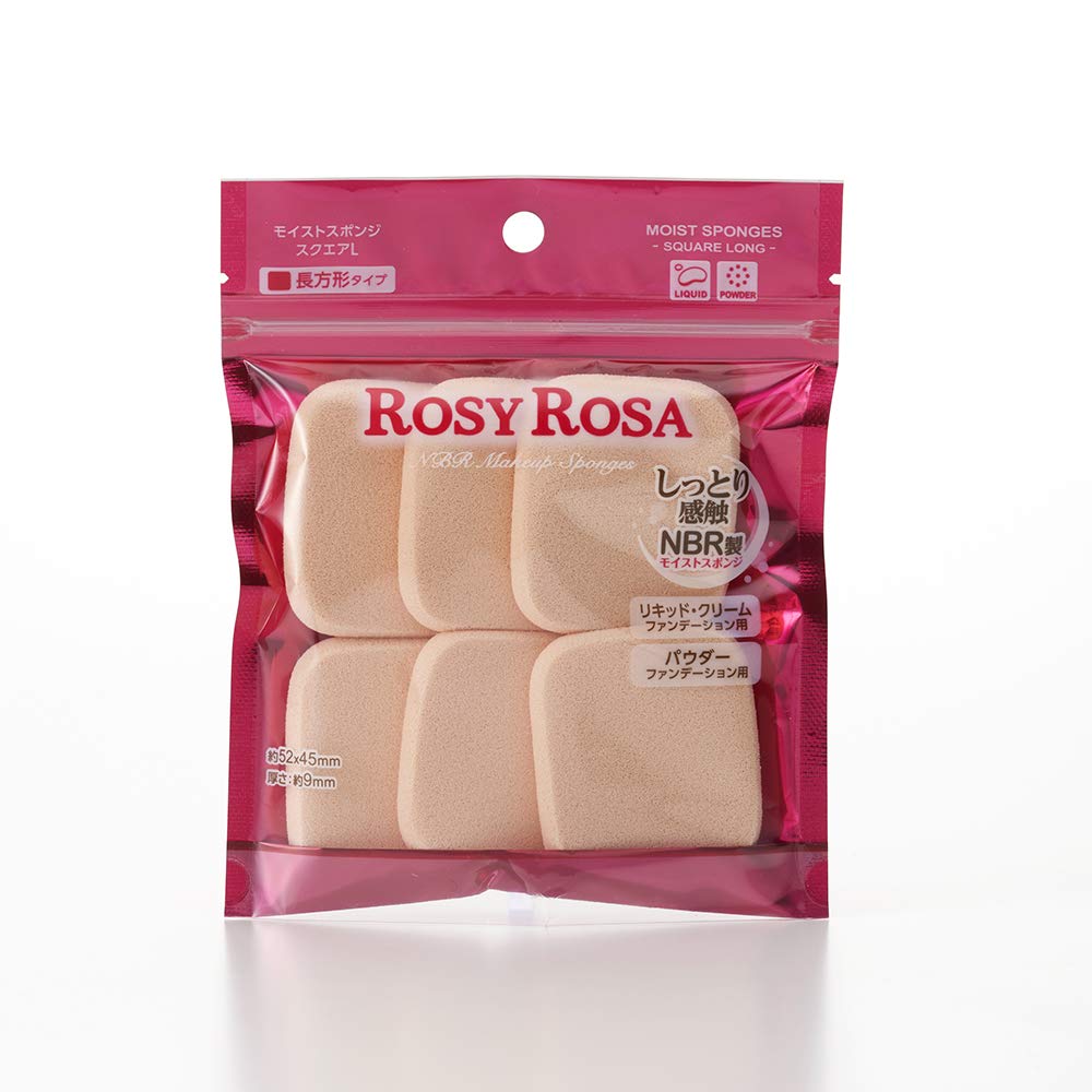 Rosy Rosa Moist Sponge Square Long, 6 NBR Makeup Sponges for Liquid, Cream and Powder Foundation