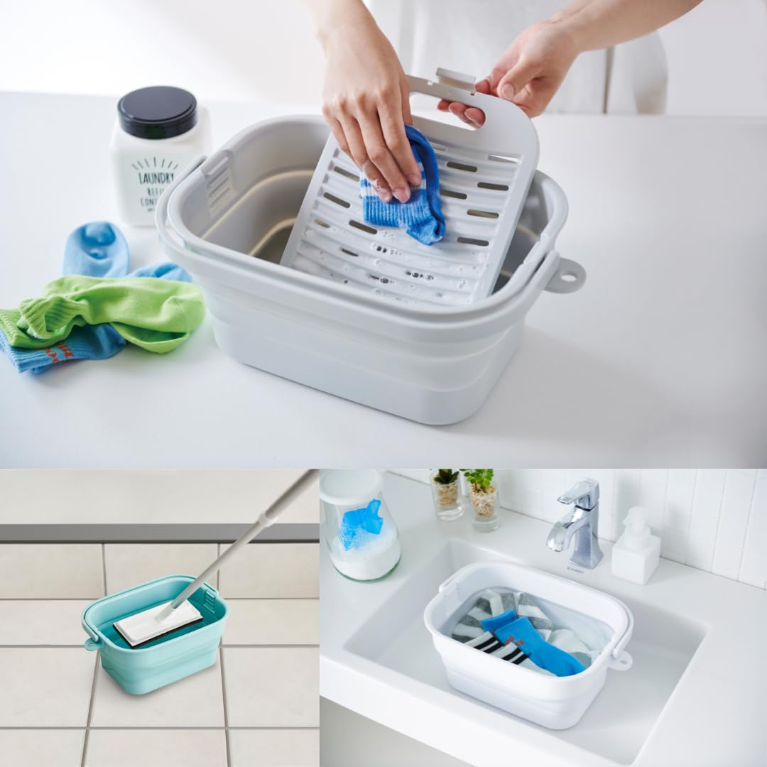 ISETO Foldable Soak Bucket with Washboard and Lid, Foldable Soak Bucket with a Lid and a Washboard, in 7 L or 16 L, Made in Japan, 7 L or 16 L and 688 g or 1280 g, White 7 L or Grey 7 L or Mint Green 7 L or White 16 L or Grey 16 L