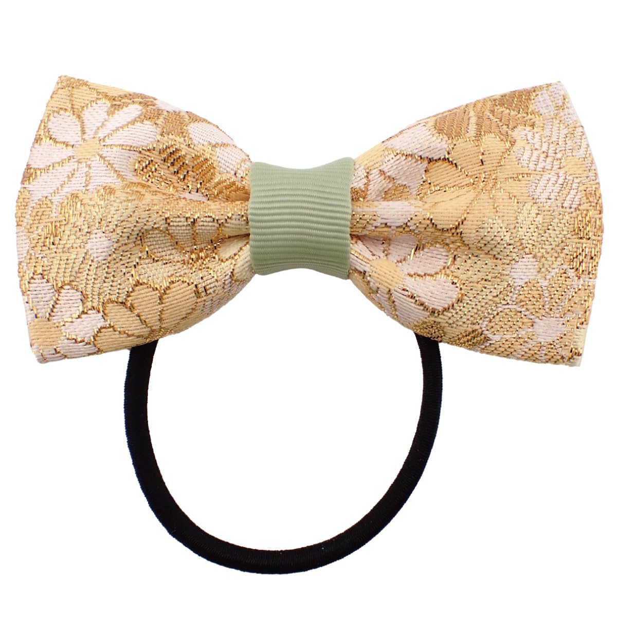 Nishijin-Ori Bow Hair Tie for Women, Made in Japan Kyoto Gold Brocade Floral Two-Tone Elastic Hair Band