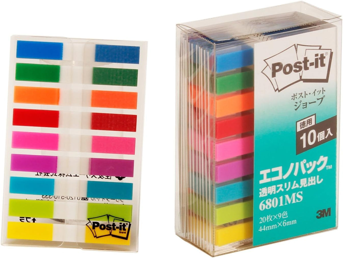 3M Post-it Film Index Flags 680MSH, Transparent Slim Page Markers in 9 Colours, 20 Flags per Colour, 44 x 6 mm, 1, 3, 10, 11 or 20 Packs, Writable and Repositionable