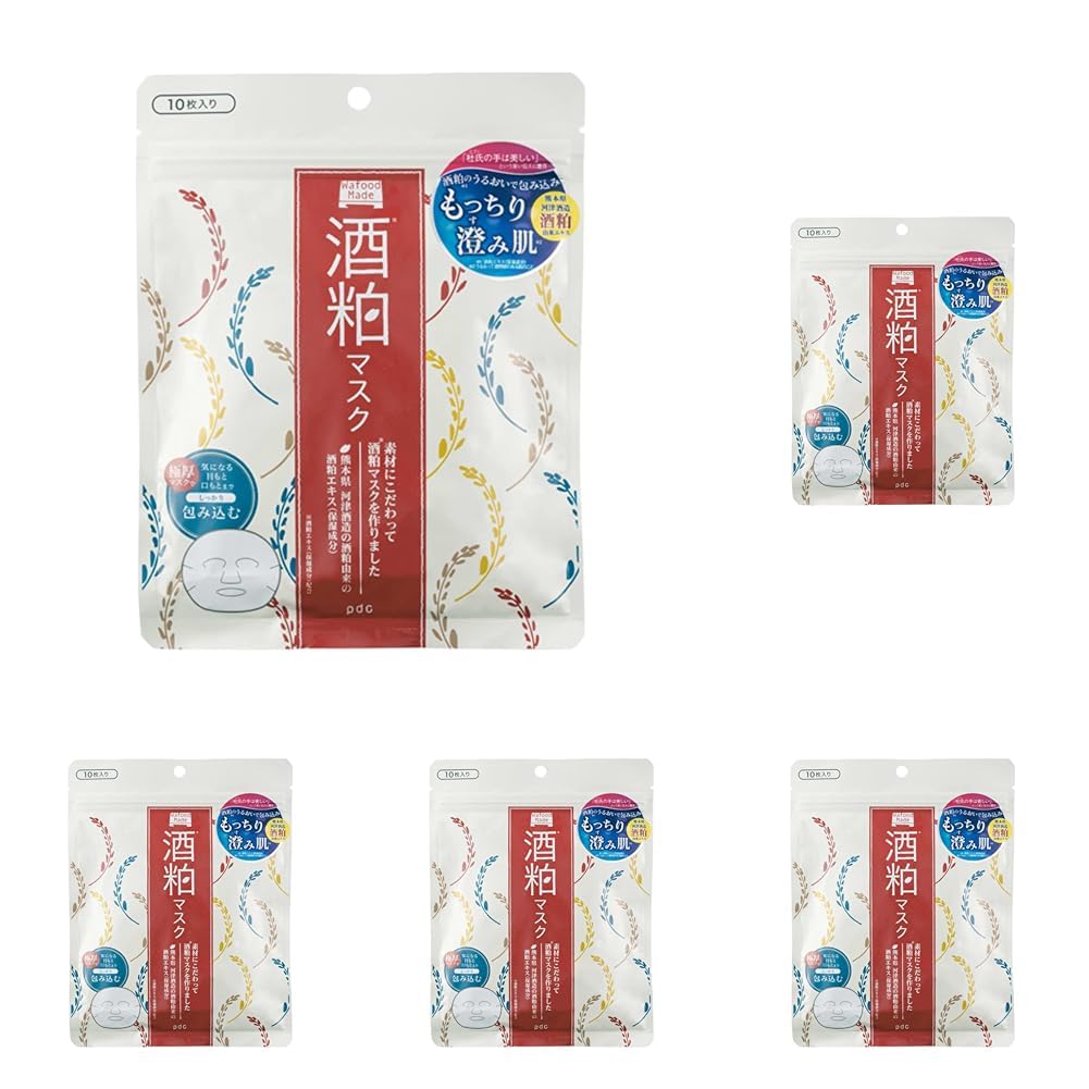 Wafood Made Sake Lees Sheet Mask with Kumamoto Sake Lees Extract, Extra-Thick Moisturizing Face Mask, 10 Masks