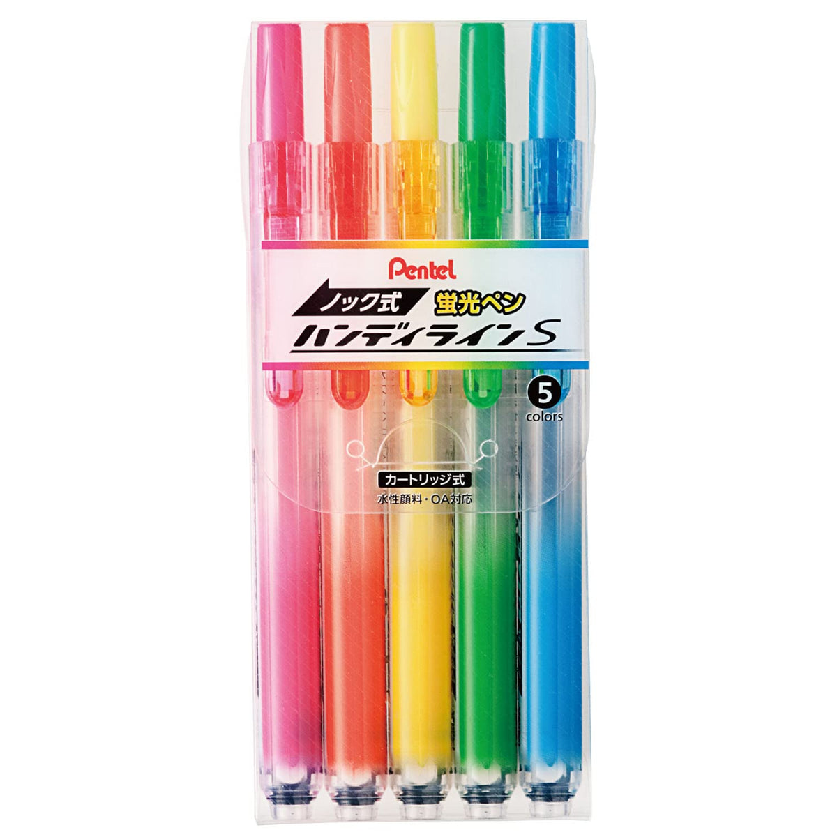 Pentel Handy-Line S Knock Highlighter SXNS15, Cap-Free Fluorescent Marker with Ball Shutter, 145 mm and 29 g, 5-Colour Set or Single Colours in Packs of 5 or 10