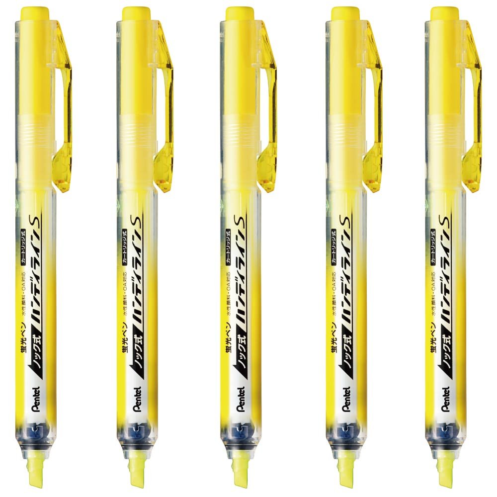 Pentel Handy-Line S Knock Highlighter SXNS15, Cap-Free Fluorescent Marker with Ball Shutter, 145 mm and 29 g, 5-Colour Set or Single Colours in Packs of 5 or 10