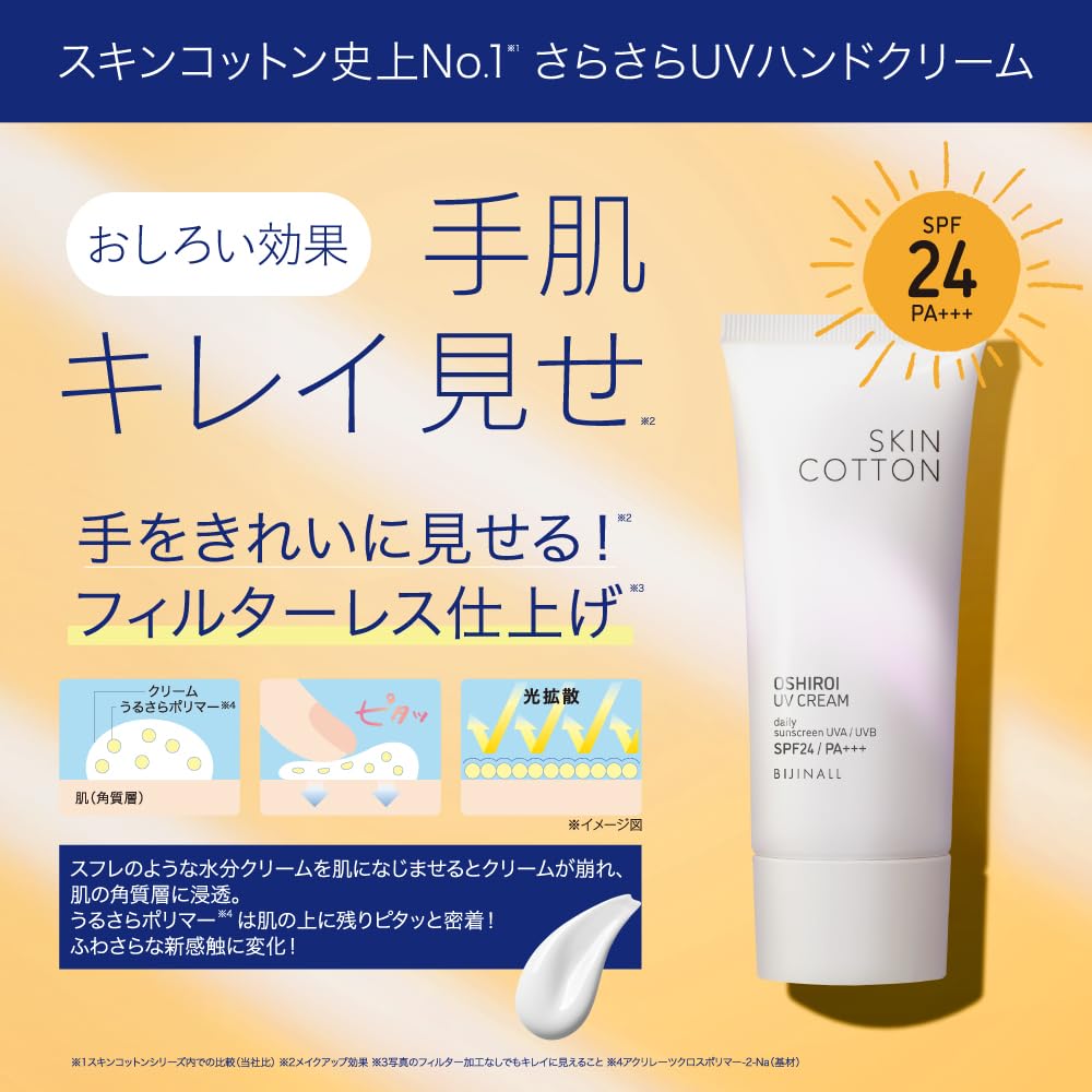 Powdery UV Hand Cream SPF24 PA+++, Fragrance-Free and Colourant-Free Smooth Hand Sunscreen that Evens Out Pores and Unevenness, Usable as a Makeup Base, 50 g Tube