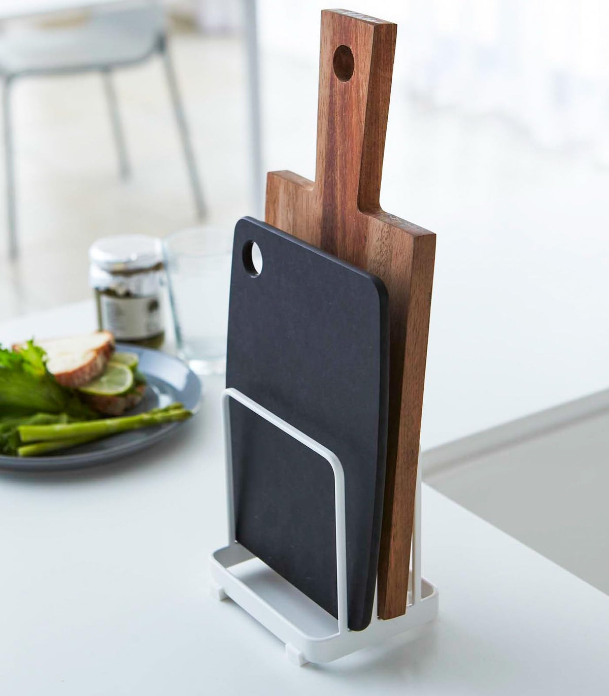 Yamazaki Plate Cutting Board Stand, Steel Rack for Two Boards up to 2.5 cm and 1.5 cm Thick with Cushioned Base, 12 x 9 x 12 cm and 260 g, White