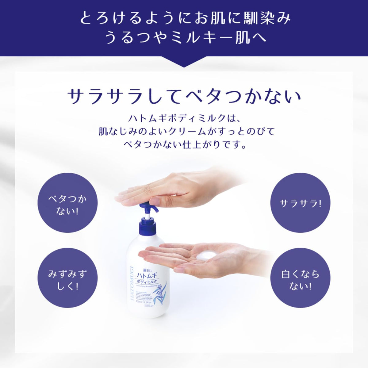 Reihaku Hatomugi Body Milk, Moisturizing Body Lotion with Job's Tears Seed Extract and Hyaluronic Acid, 400 mL Pump Bottle
