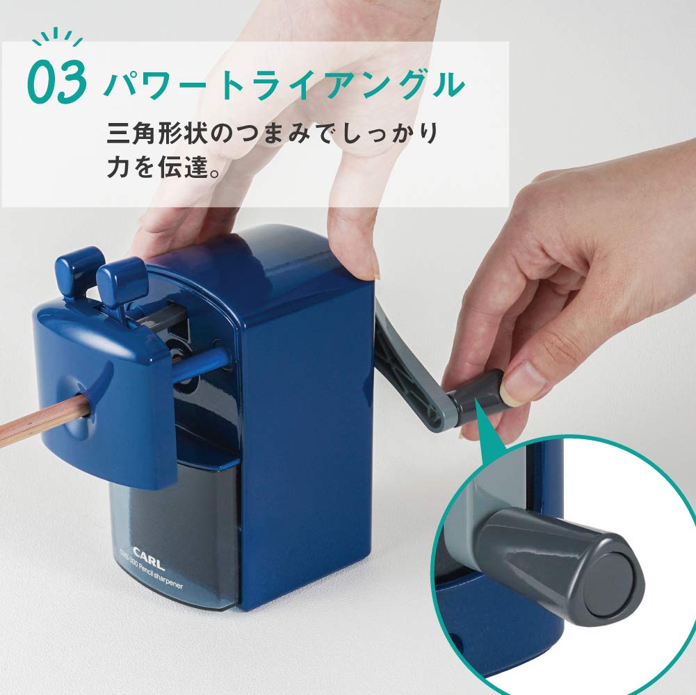 CARL Manual Desk Pencil Sharpener CMS-300 with Broken-Lead Release Button, Hand-Crank Sharpener for 8 mm Pencils, 70 x 137 x 140 mm and 275 g, Blue, Red or White