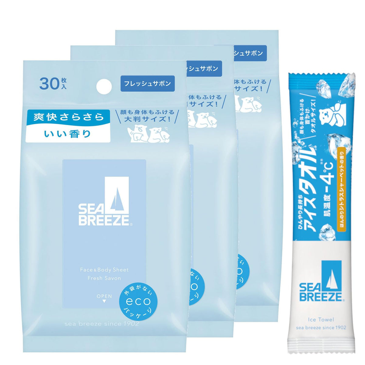 Sea Breeze Face and Body Wipe Sheets, Ice Type or Regular, 30 Sheets x 3 Set + Sample, 7 Scents