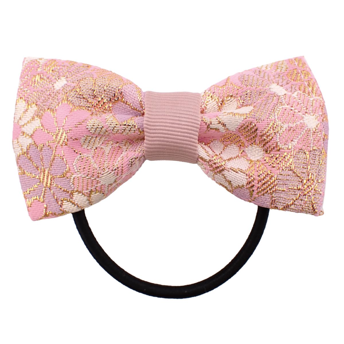 Nishijin-Ori Bow Hair Tie for Women, Made in Japan Kyoto Gold Brocade Floral Two-Tone Elastic Hair Band