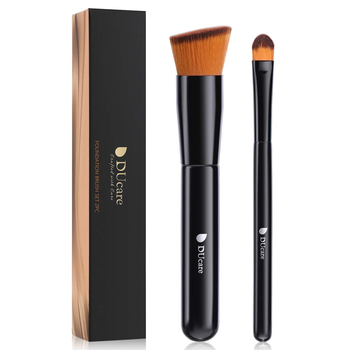 DUcare Foundation Brush and Concealer Brush Set of 2, Black Wooden-Handle Face Brushes with Soft PBT Nylon Bristles