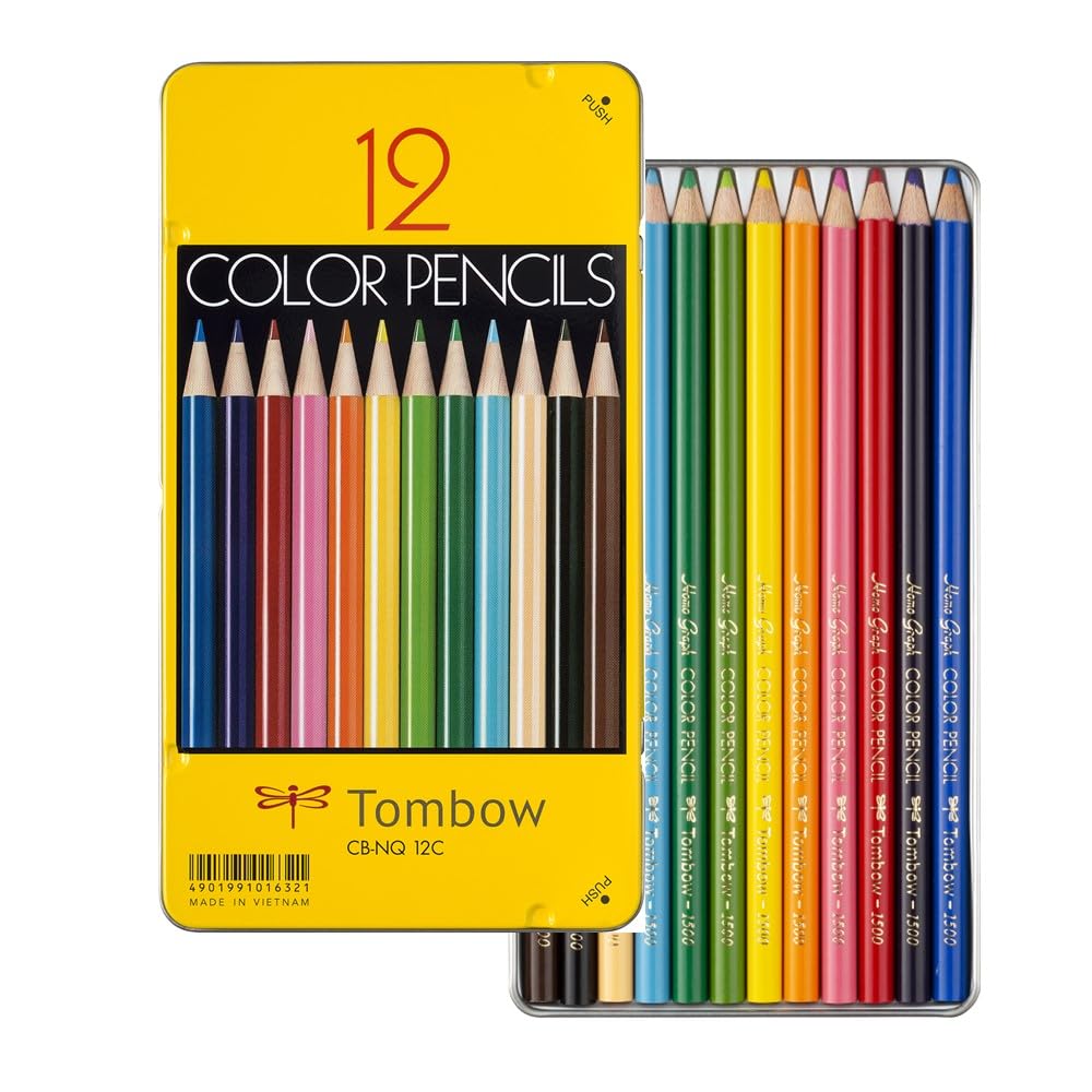 Tombow NQ Colored Pencils in a Yellow Tin, 12, 24 or 36 Colours, Round Barrel with Smooth Vivid Core, Tin 102 x 12 x 186 mm for 12 Colours