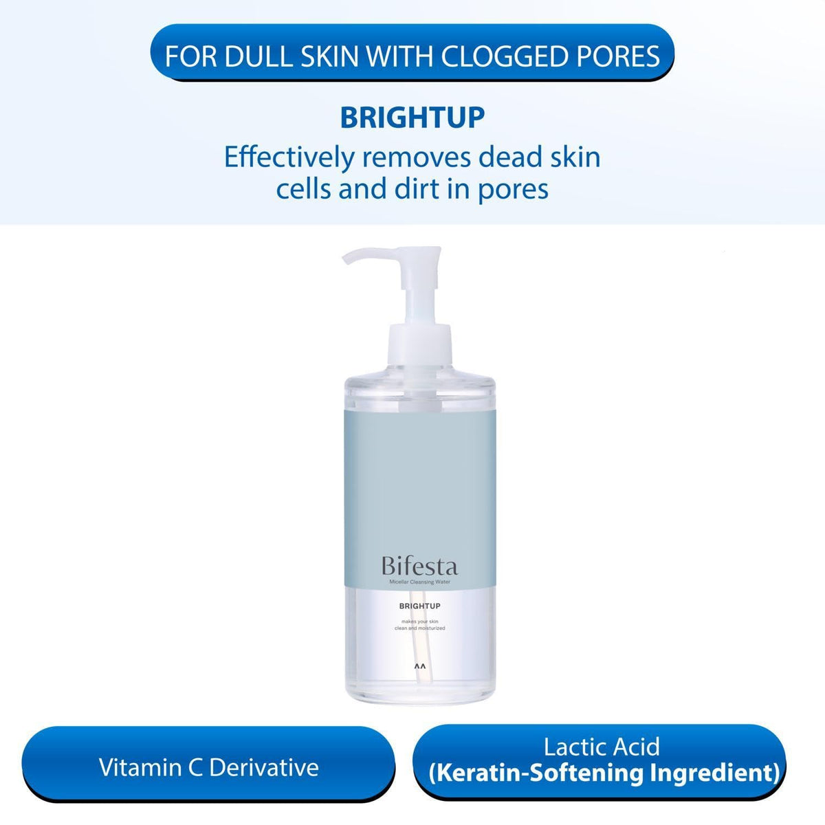 Bifesta Micellar Cleansing Water Bright Up, Wipe-Off Makeup Remover for Clogged Pores and Dull Skin, Oil-Free, Fragrance-Free, 400 mL