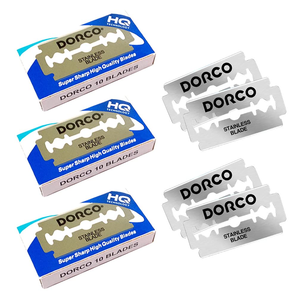 Dorco ST-300 Double-Edge Razor Blades, Set of 30 Single-Blade Stainless Steel Replacement Blades with New Platinum Coating