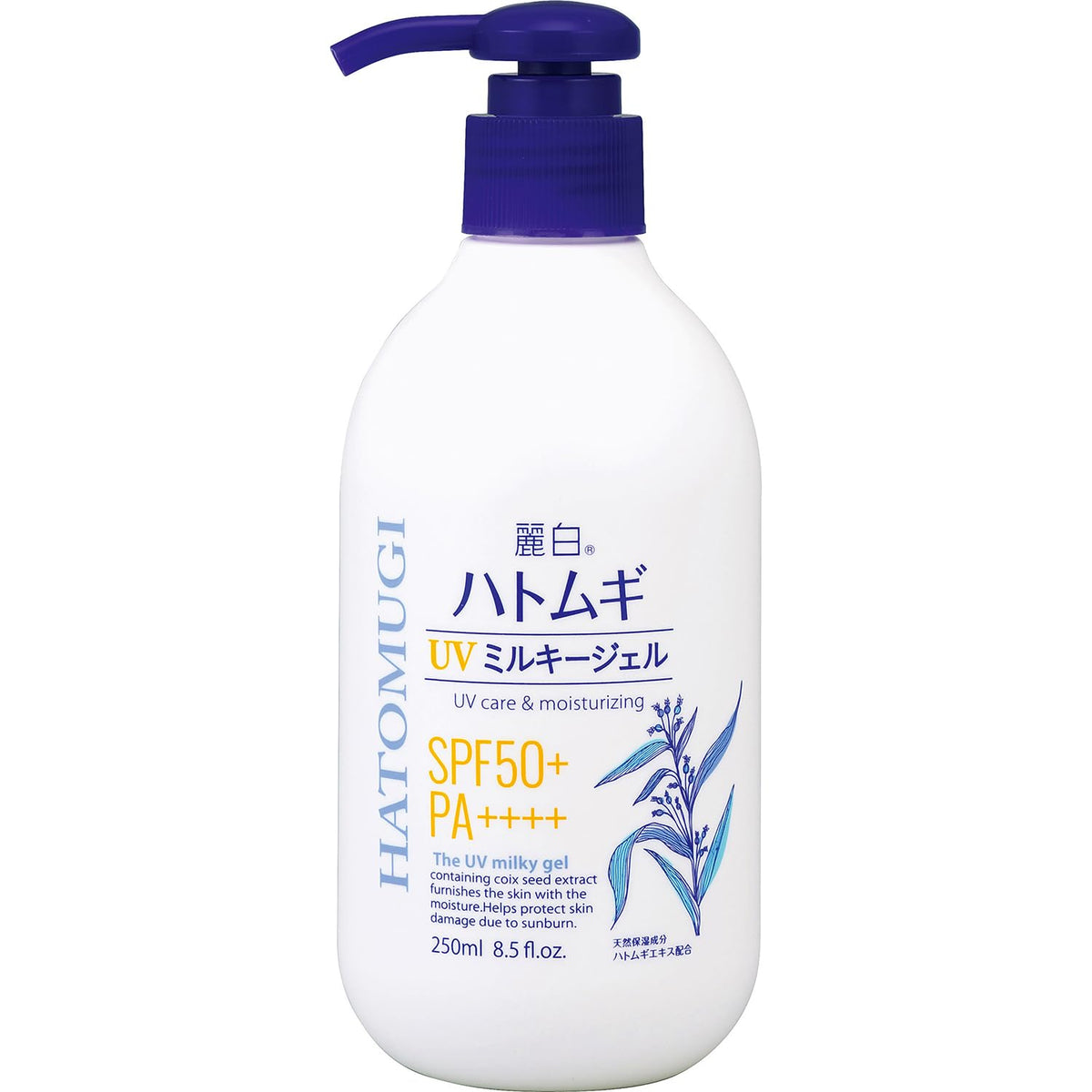 Reihaku Hatomugi UV Milky Gel SPF50+ PA++++ 250 mL, Pump-Bottle Sunscreen Gel with Hatomugi Extract, Hyaluronic Acid and Ceramide, Fragrance-Free, Made in Japan