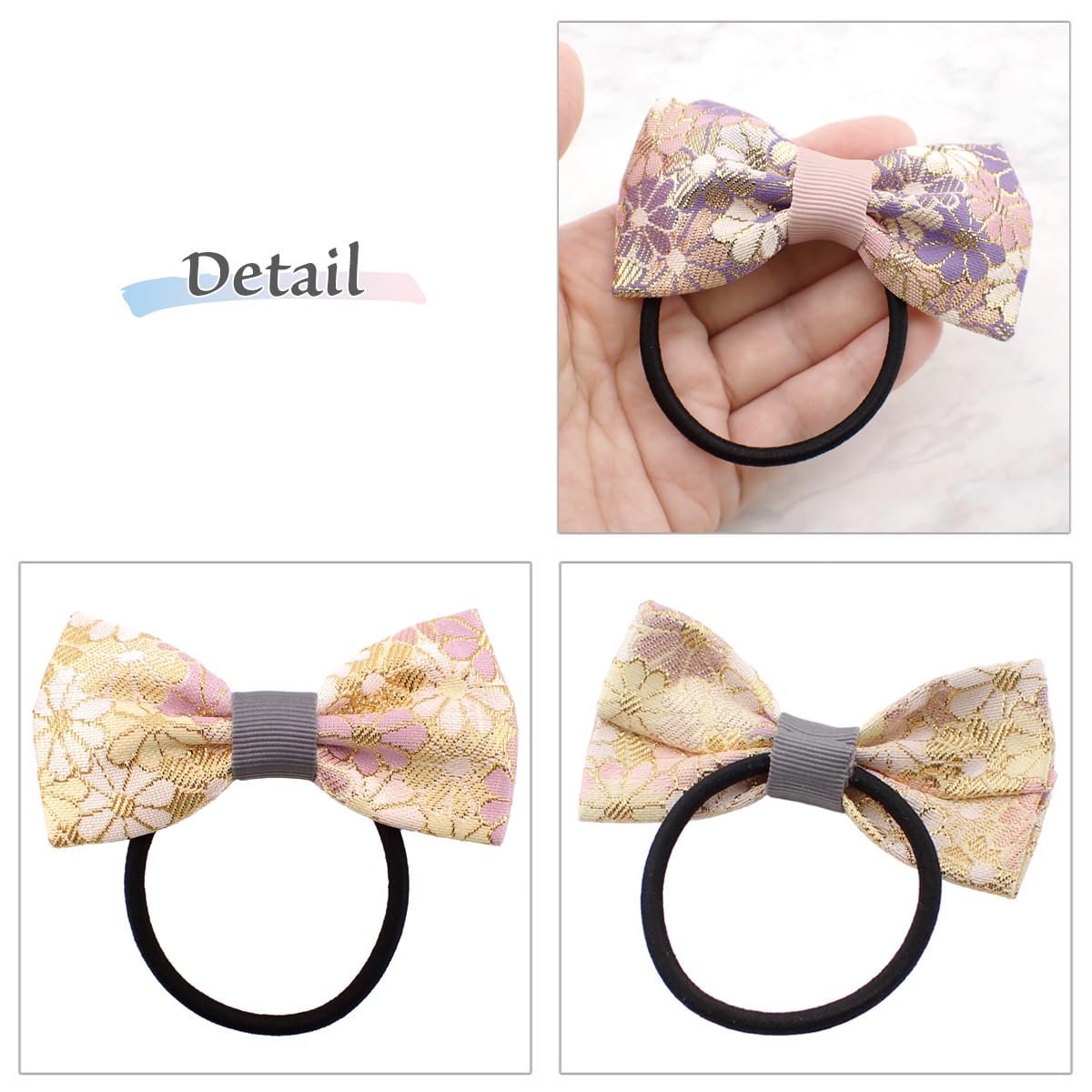 Nishijin-Ori Bow Hair Tie for Women, Made in Japan Kyoto Gold Brocade Floral Two-Tone Elastic Hair Band