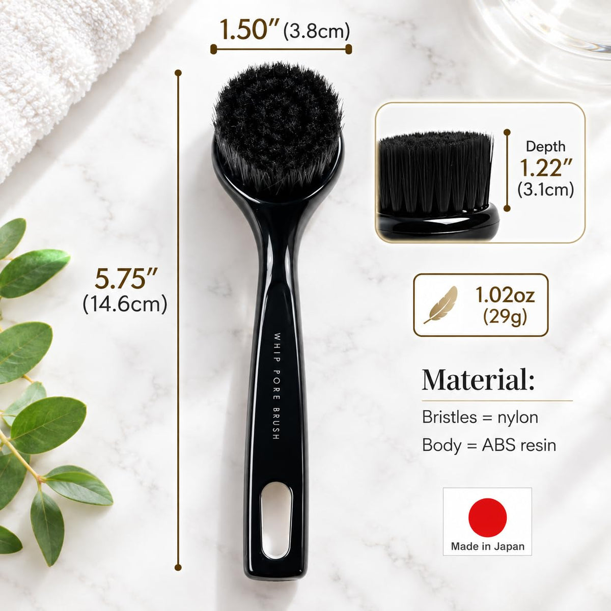 Ultra Fine Bristle Pore Cleansing Face Brush, Whip Pore Brush, Black, Made in Japan