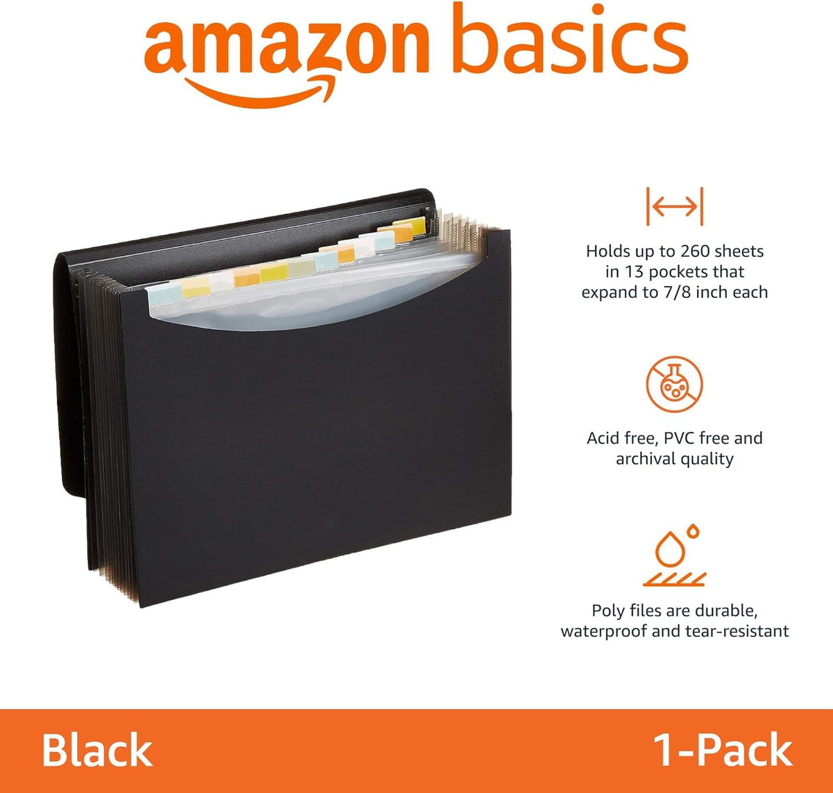 Amazon Basics Expanding Poly File Folder A4, 13 Tabbed Pockets Holding up to 260 Sheets, Cord Closure, Waterproof and Tear-Resistant, 33 x 23.4 x 4.1 cm, Black or Black and Gray