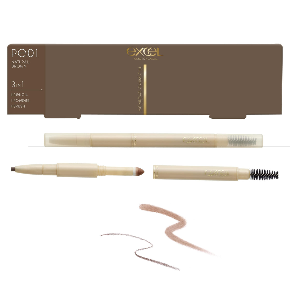 Excel The Prime Eyebrow 3-in-1 Eyebrow Pencil, Powder and Brush in One, Waterproof Formula Oval Lead, 8 Shades, Made in Japan