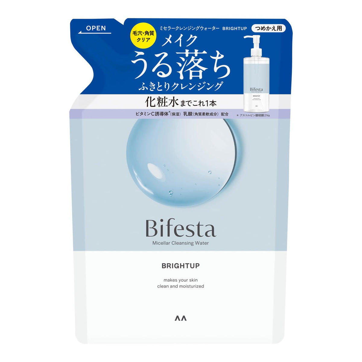 Bifesta Micellar Cleansing Water Bright Up Refill, Alcohol-Free Fragrance-Free Wipe-Off Makeup Remover and Toner with Vitamin C Derivative and Lactic Acid, 360 mL Pouch