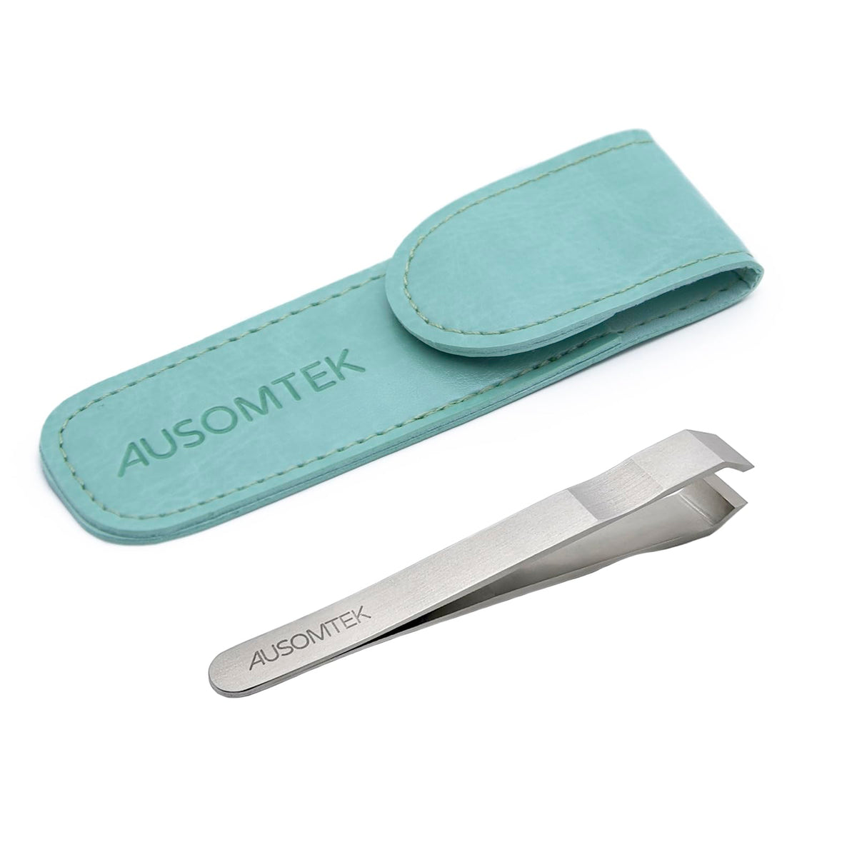 Ausomtek Wide-Tip Tweezers, 10 mm Stainless Steel Slant Tweezers with Non-Slip Grooves and a Cyan PU Case for Beard, Grey Hair and Brows