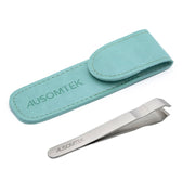 Ausomtek Wide-Tip Tweezers, 10 mm Stainless Steel Slant Tweezers with Non-Slip Grooves and a Cyan PU Case for Beard, Grey Hair and Brows