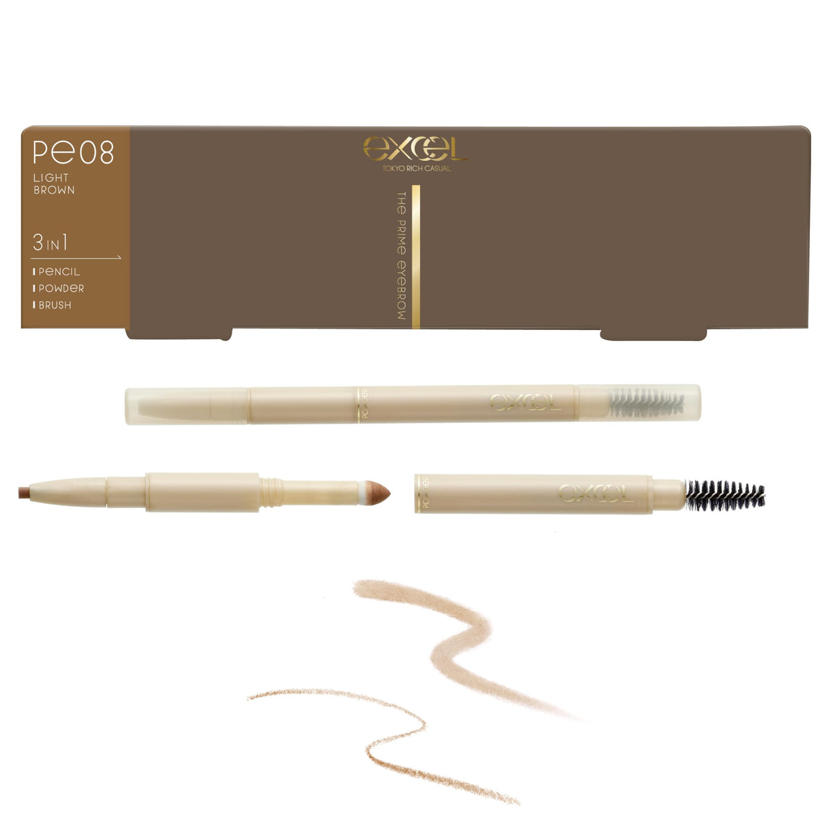 Excel The Prime Eyebrow 3-in-1 Eyebrow Pencil, Powder and Brush in One, Waterproof Formula Oval Lead, 8 Shades, Made in Japan