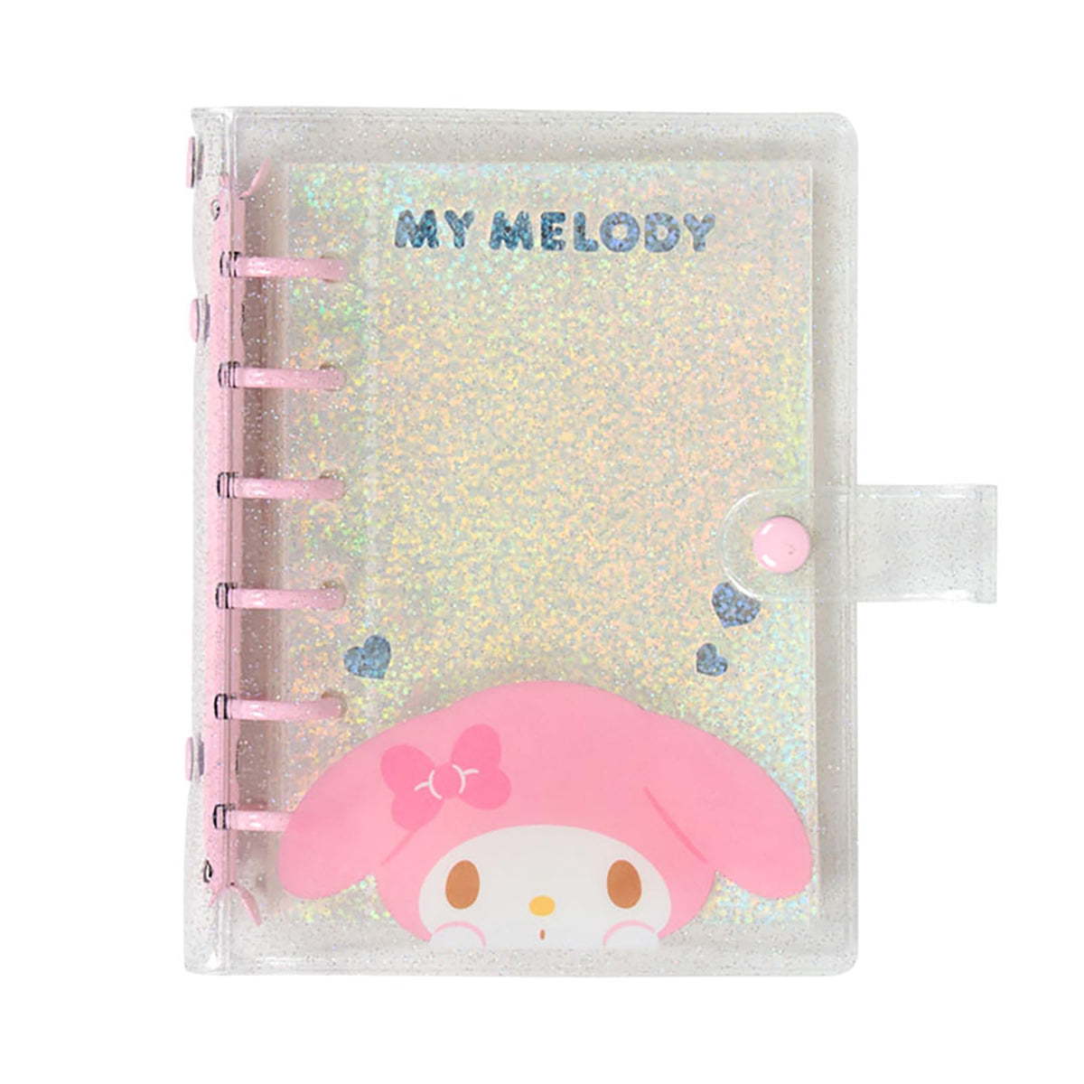 Sanrio Clear Sticker Binder, Six-Ring Snap-Button Binder with Holographic Glitter Refill Pockets for Stickers up to 7.3 x 12.9 cm, About 14 x 15 x 2.5 cm, Six Characters