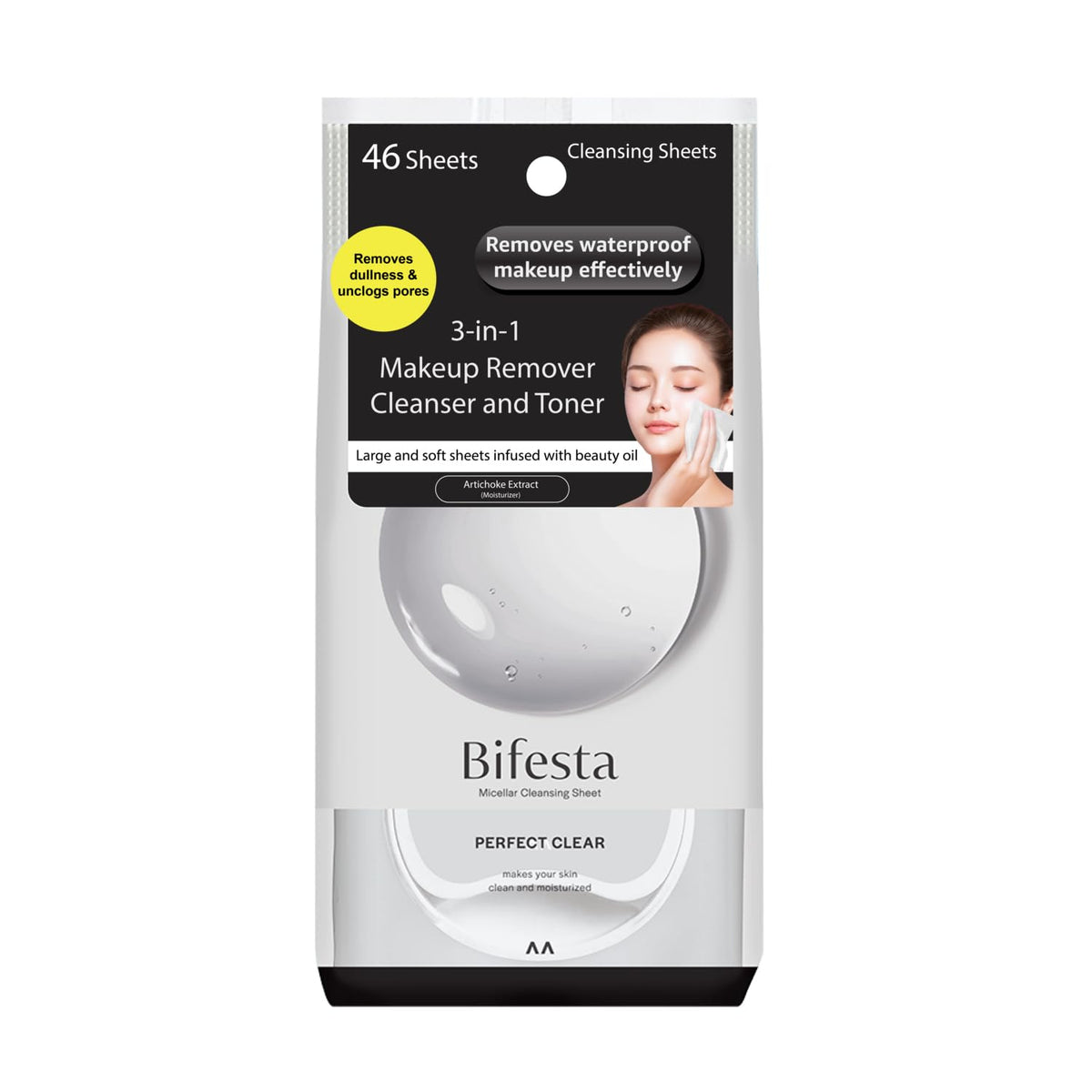 Bifesta Micellar Cleansing Sheets Perfect Clear, Large Lotion-Infused Makeup Remover Wipes with Artichoke Extract, 46 Sheets, 1 Pack or 2 Packs