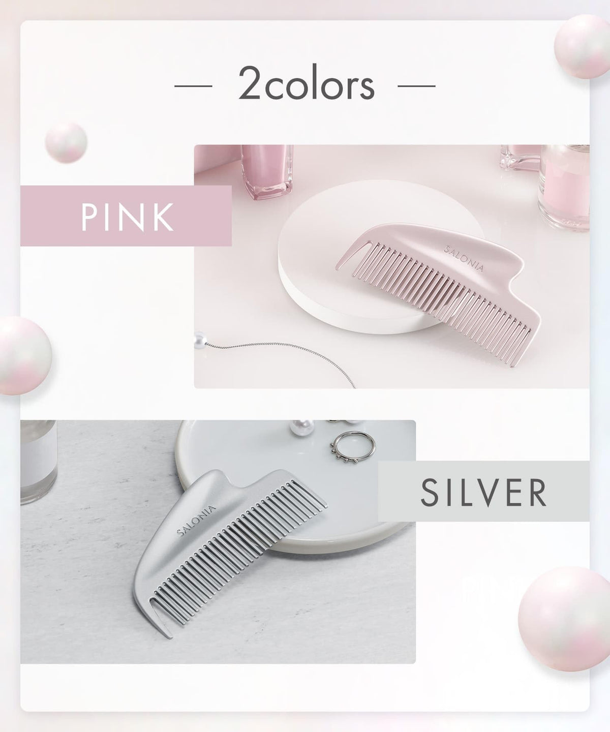 SALONIA Glossy Care Metal Kassa Comb, Pure Metal Hair Comb with a Face-Lifting Gua Sha Handle for Static-Free, Friction-Less Smooth Hair, Pink or Silver