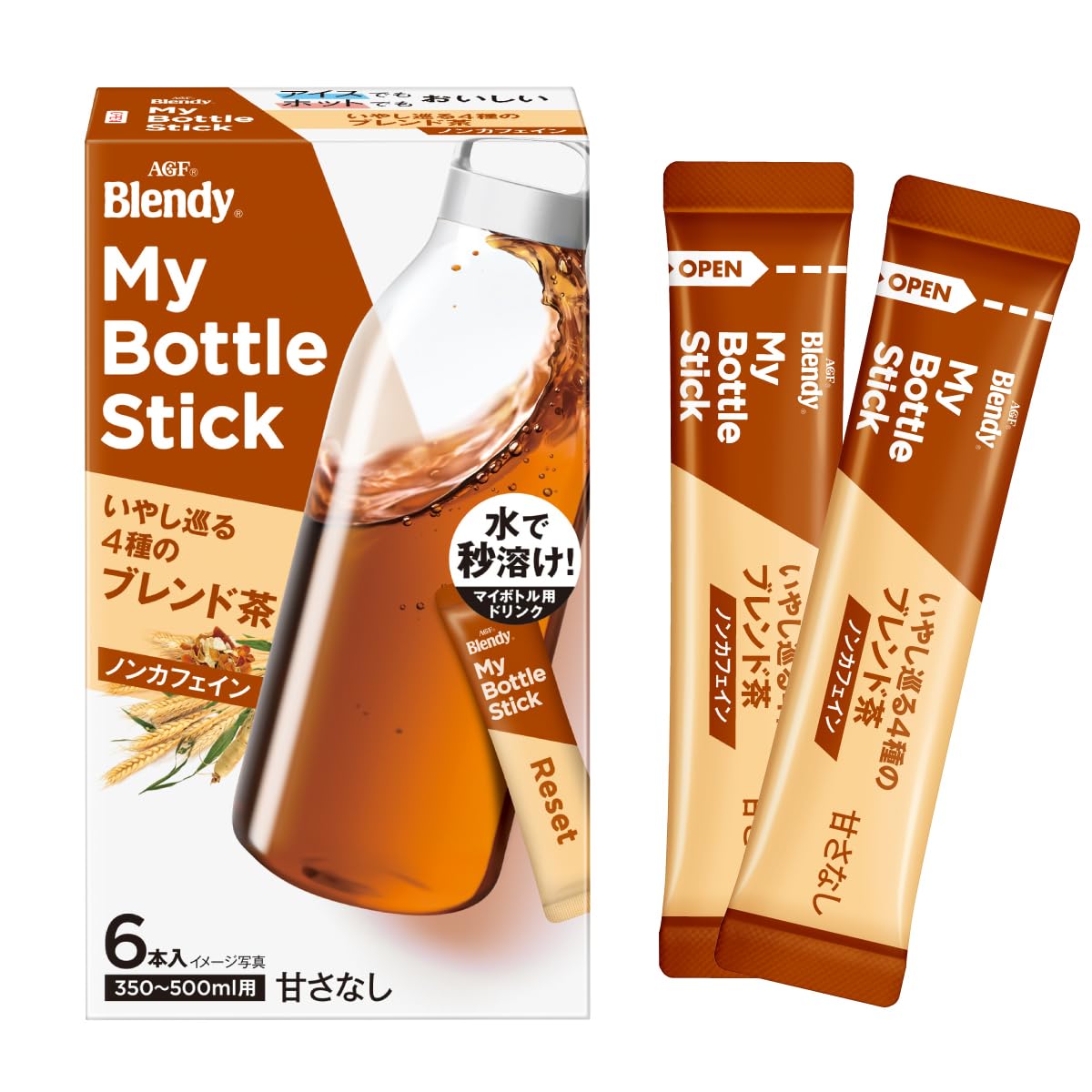 AGF Blendy My Bottle Stick Caffeine-Free Tea Sticks, 6 Sticks, Peach Rooibos, Muscat Rooibos Or Healing 4-Type Blend Tea