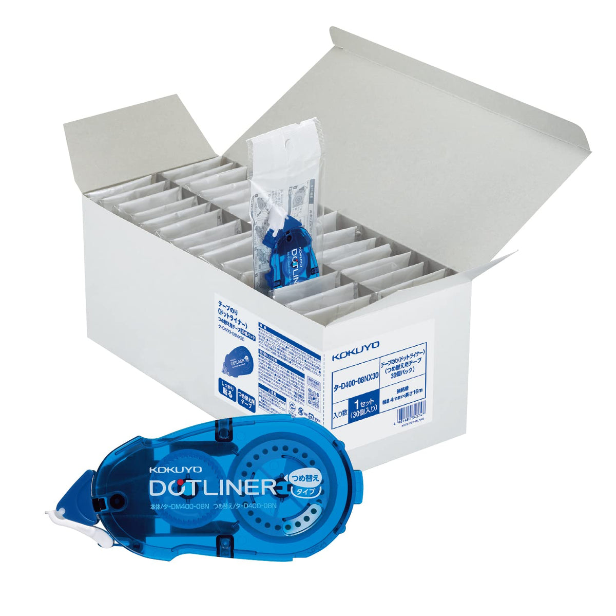 KOKUYO Dot Liner Tape Glue Refill Cartridges, Strong Adhesion 8.4 mm x 16 m, 94 x 43 x 19 mm Each, Clean Pull-Away Tape Glue, Packs of 1 to 30