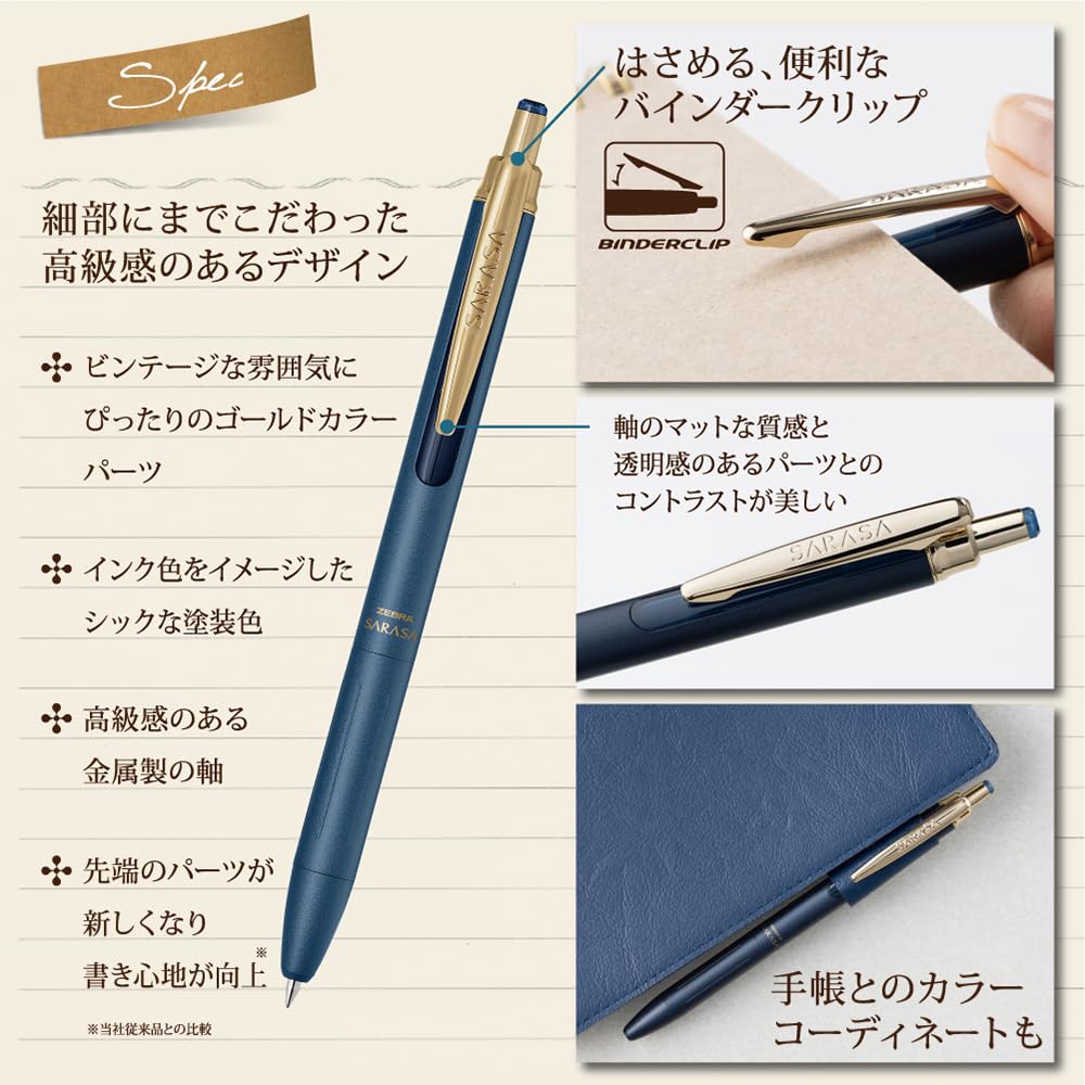 ZEBRA Sarasa Grand Gel Ballpoint Pen 0.5 mm, Retractable with Gold Binder Clip, Water-Based Pigment Water-Resistant Ink, 10.3 x 142.6 mm and 19.3 g, 11 Ink Colours, 1 or 3 Pens