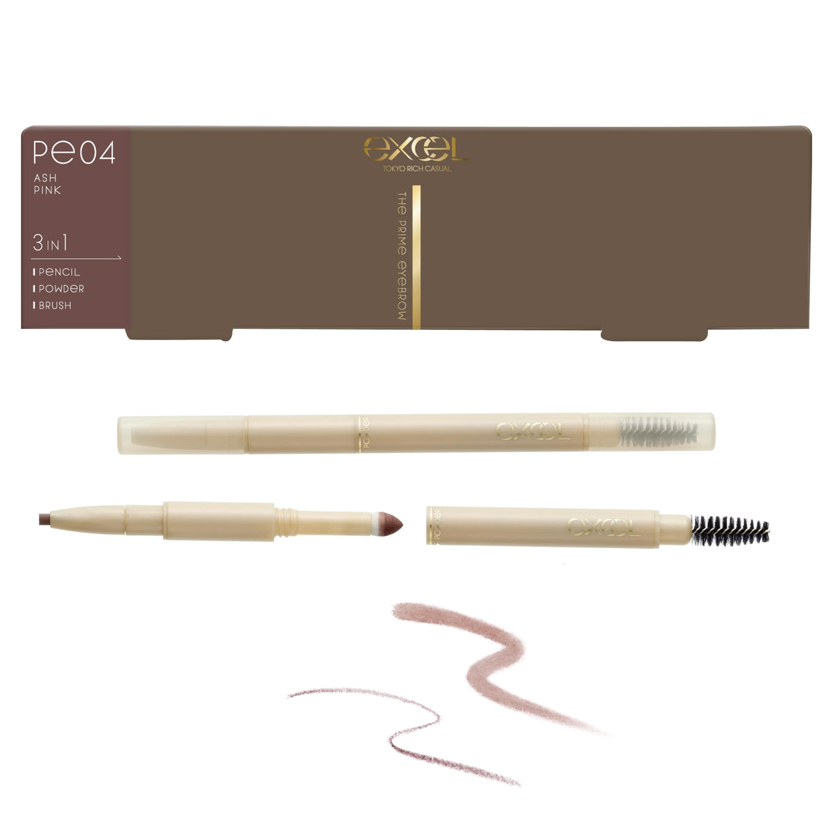 Excel The Prime Eyebrow 3-in-1 Eyebrow Pencil, Powder and Brush in One, Waterproof Formula Oval Lead, 8 Shades, Made in Japan