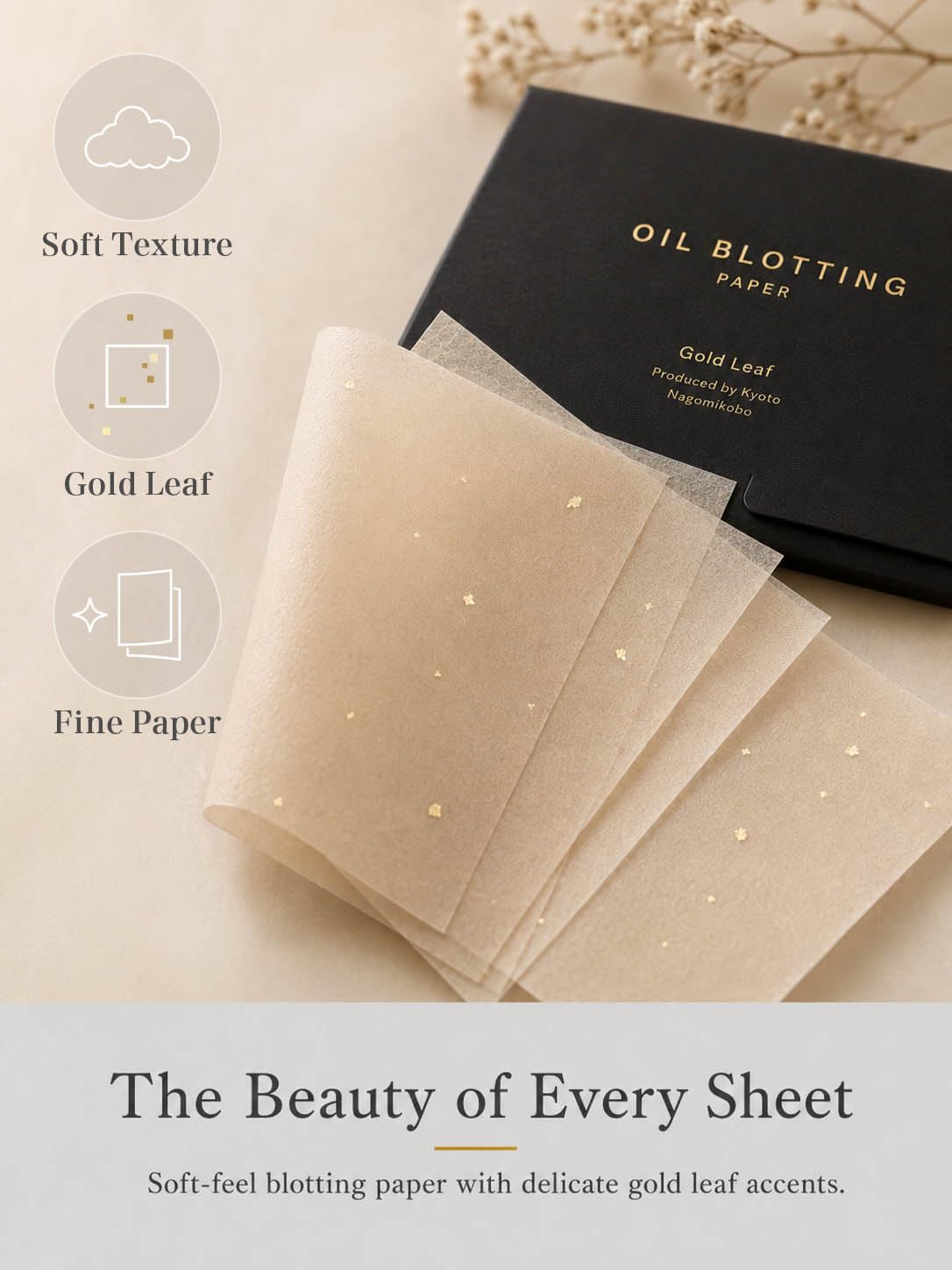 Gold Leaf Style Japanese Oil Blotting Paper, 100 Sheets in a Black and Gold Box, Mino Washi, Made in Japan