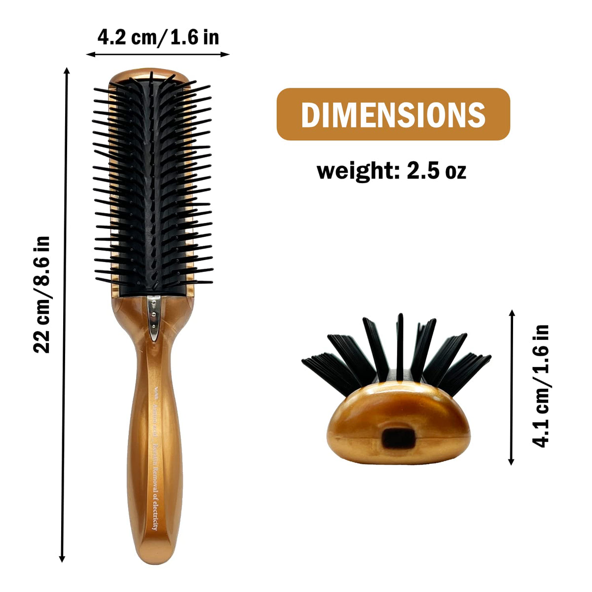 Anti-Static Round Blow-Dry Brush with Stainless-Steel Charged Fibers and a Grounding Wire, Small 17 cm or 2XL 22 cm, Gold-Brown Handle