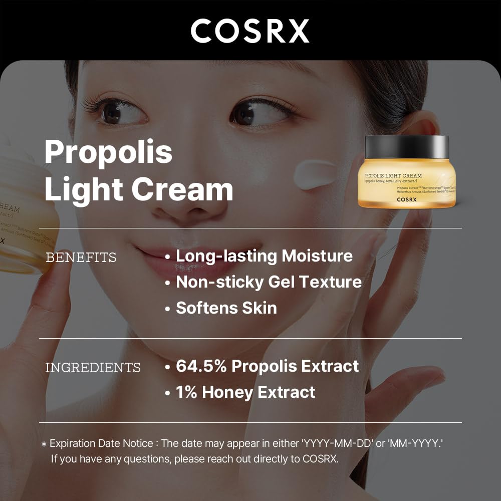 COSRX Full Fit Propolis Light Cream, 64.5% Propolis Extract Non-Sticky Gel Moisturising Face Cream, 65 mL
