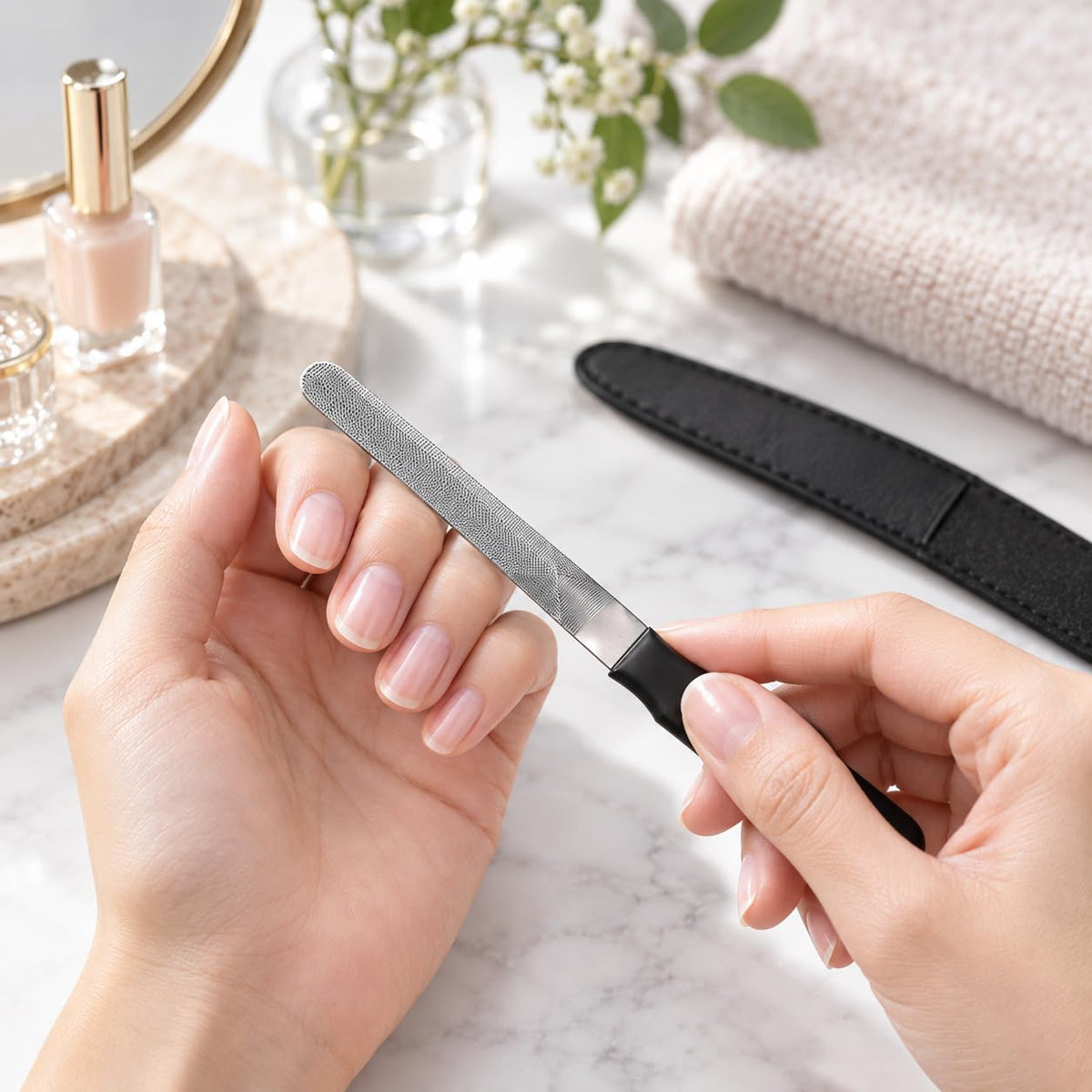 Curved Metal Nail File, Fine Grit Stainless Steel File Made in Tsubame, Japan, with Black Case, 13 cm