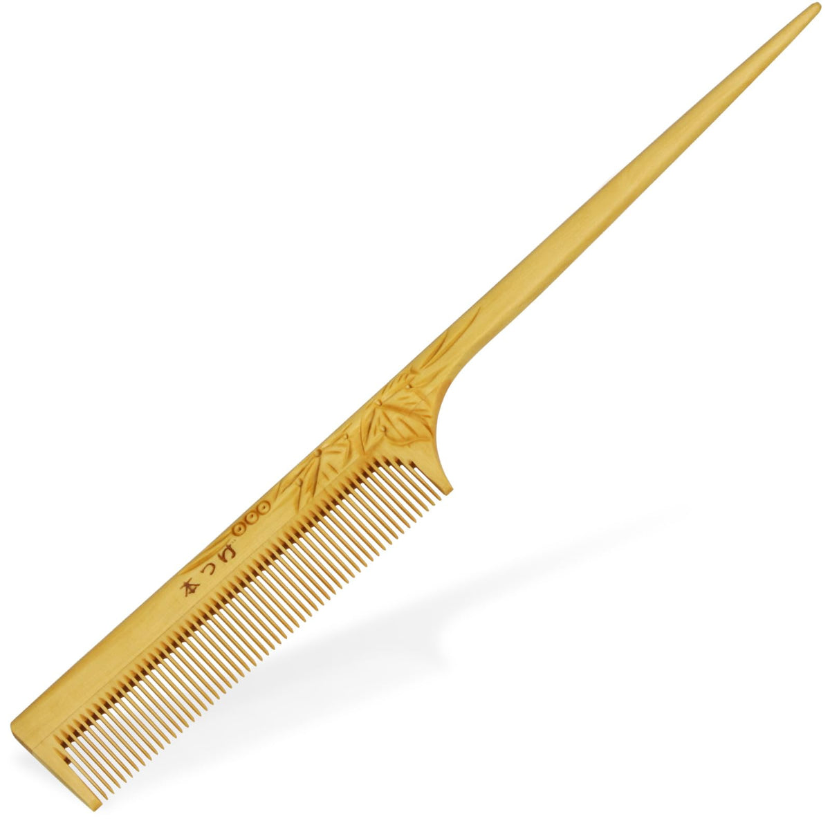 Boxwood Tail Comb with Camellia Oil Finish and Carved Design, Tangle-Resistant Japanese Wooden Comb, 170 mm or 210 mm, Made in Japan