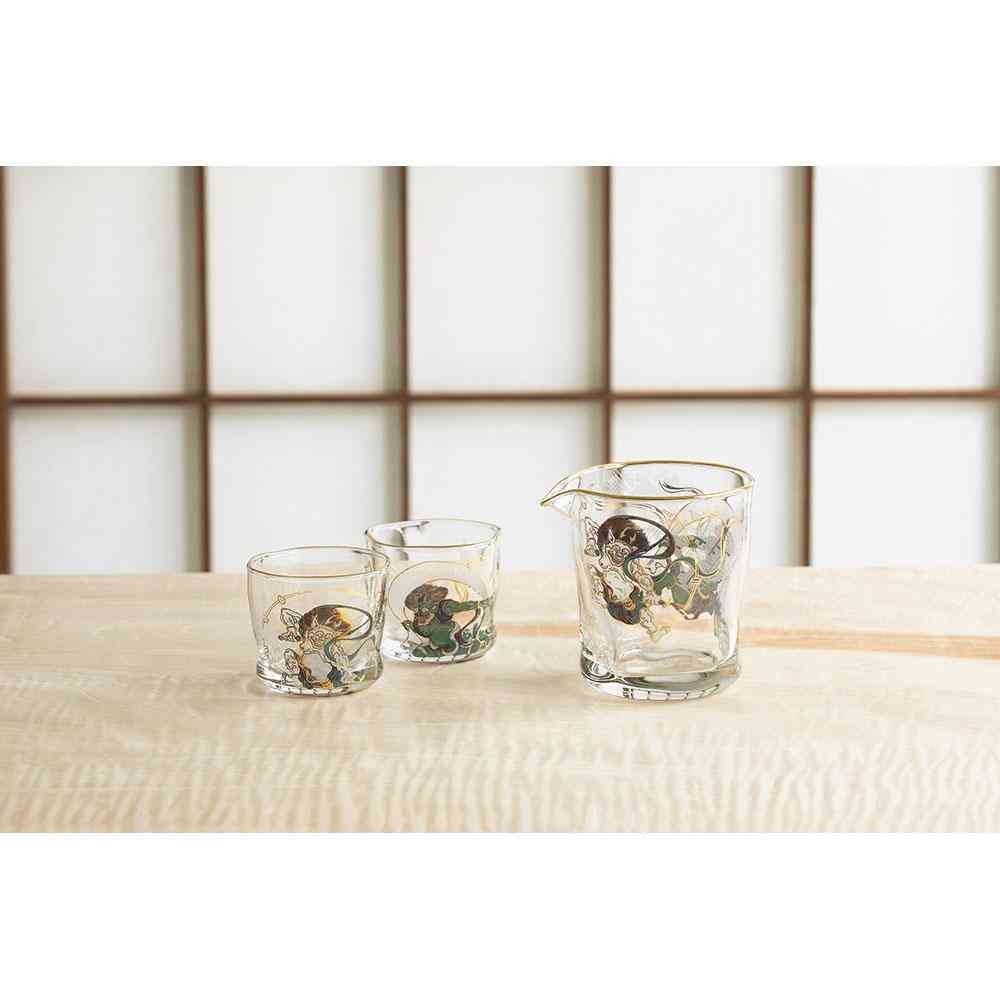 ADERIA Nippon Taste Fujin Raijin Glass Sake Set In A Wooden Box