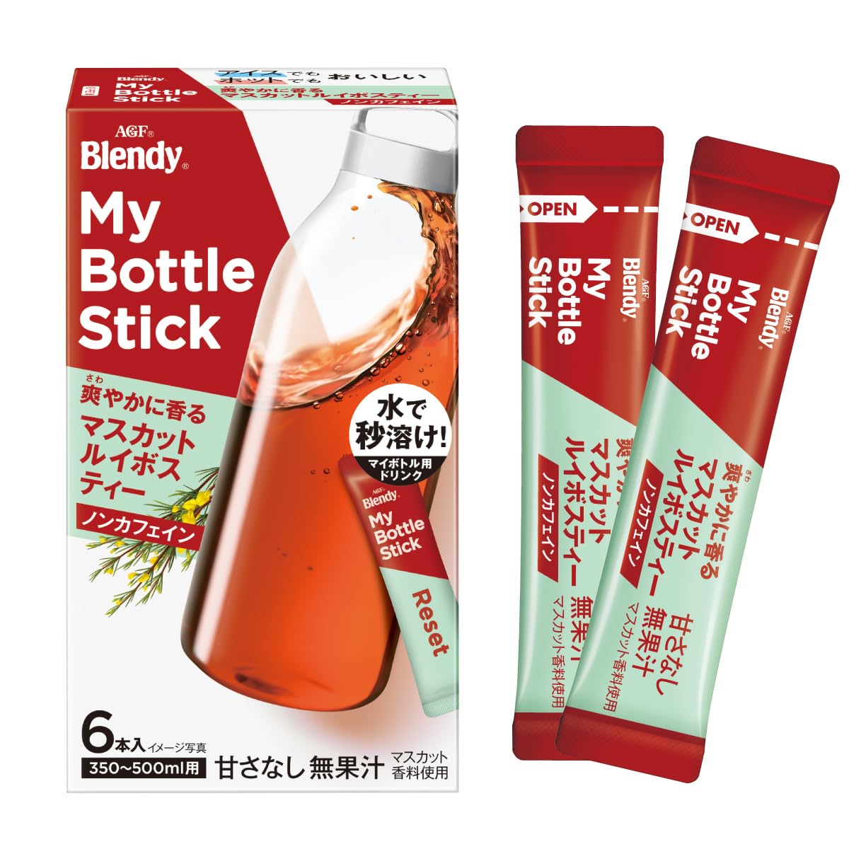 AGF Blendy My Bottle Stick Caffeine-Free Tea Sticks, 6 Sticks, Peach Rooibos, Muscat Rooibos Or Healing 4-Type Blend Tea