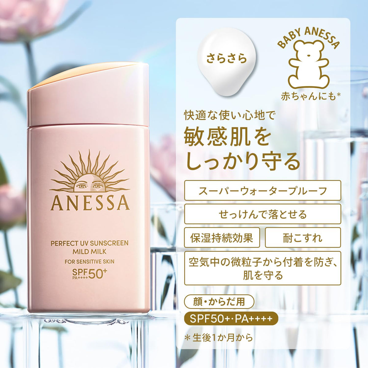Anessa Perfect UV Sunscreen Mild Milk NA, 60 mL SPF50+ PA++++ Super Water-Resistant Sunscreen Milk for Face and Body, Additive-Free, Fragrance-Free, Alcohol-Free for Sensitive Skin