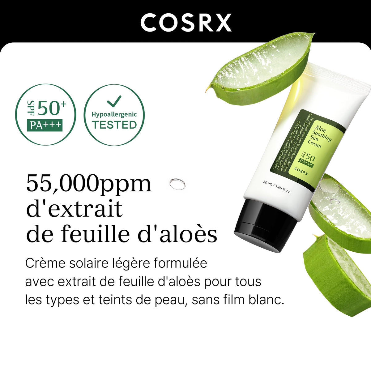 COSRX Aloe Soothing Sun Cream, SPF50+ PA+++ Lightweight Hybrid Sunscreen with 55,000 ppm Aloe Leaf Extract, 50 mL