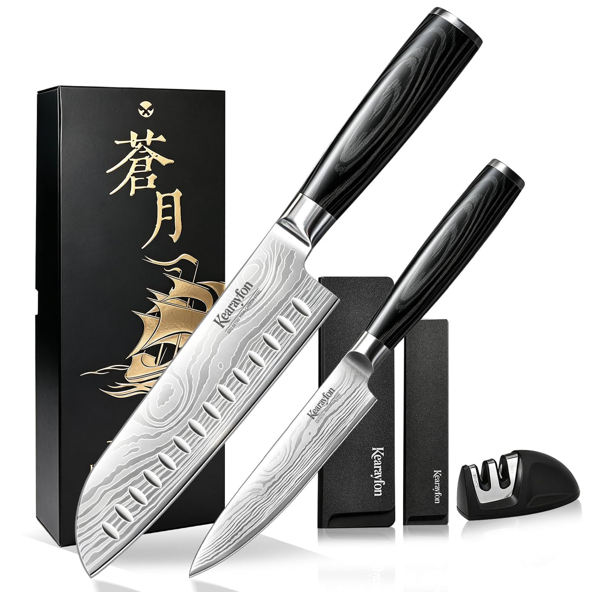 Kearayfon Sogetsu Series Santoku and Petty Knife Set with Sheaths and Sharpener, High-Carbon Stainless, Laser-Etched Pattern, Black Wood Handles